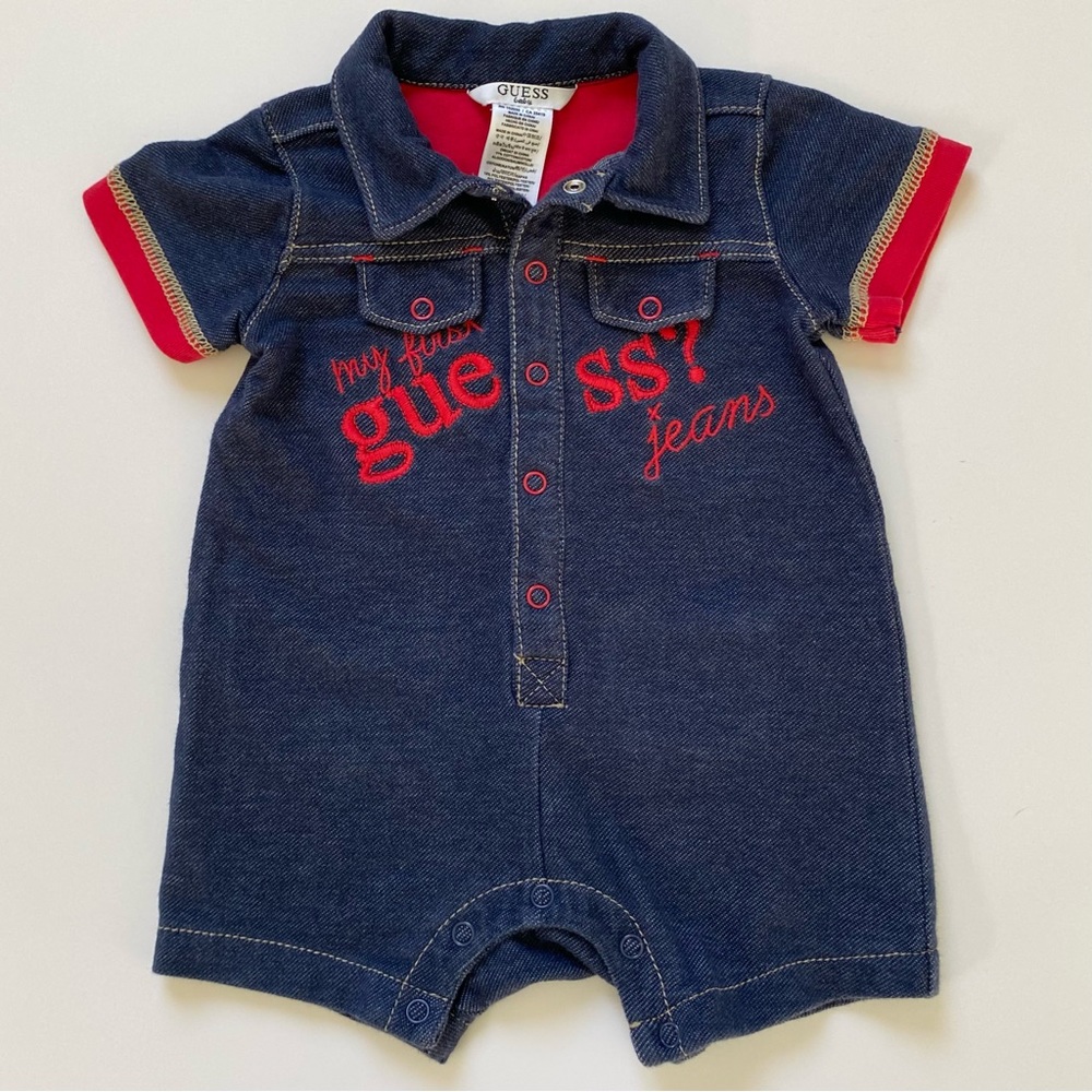 Guess ‘My first Guess Jeans’ outfit size 3 6 Months Blue Denim Red Trim Romper